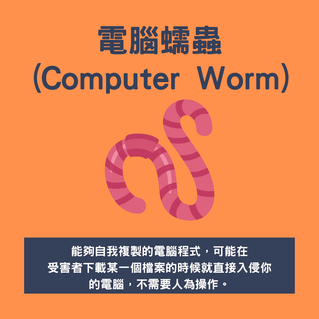 電腦蠕蟲（Computer Worm）：能夠自我複製的電腦程式，可能在受害者下載某一個檔案的時候就直接入侵你的電腦，不需要人為操作。