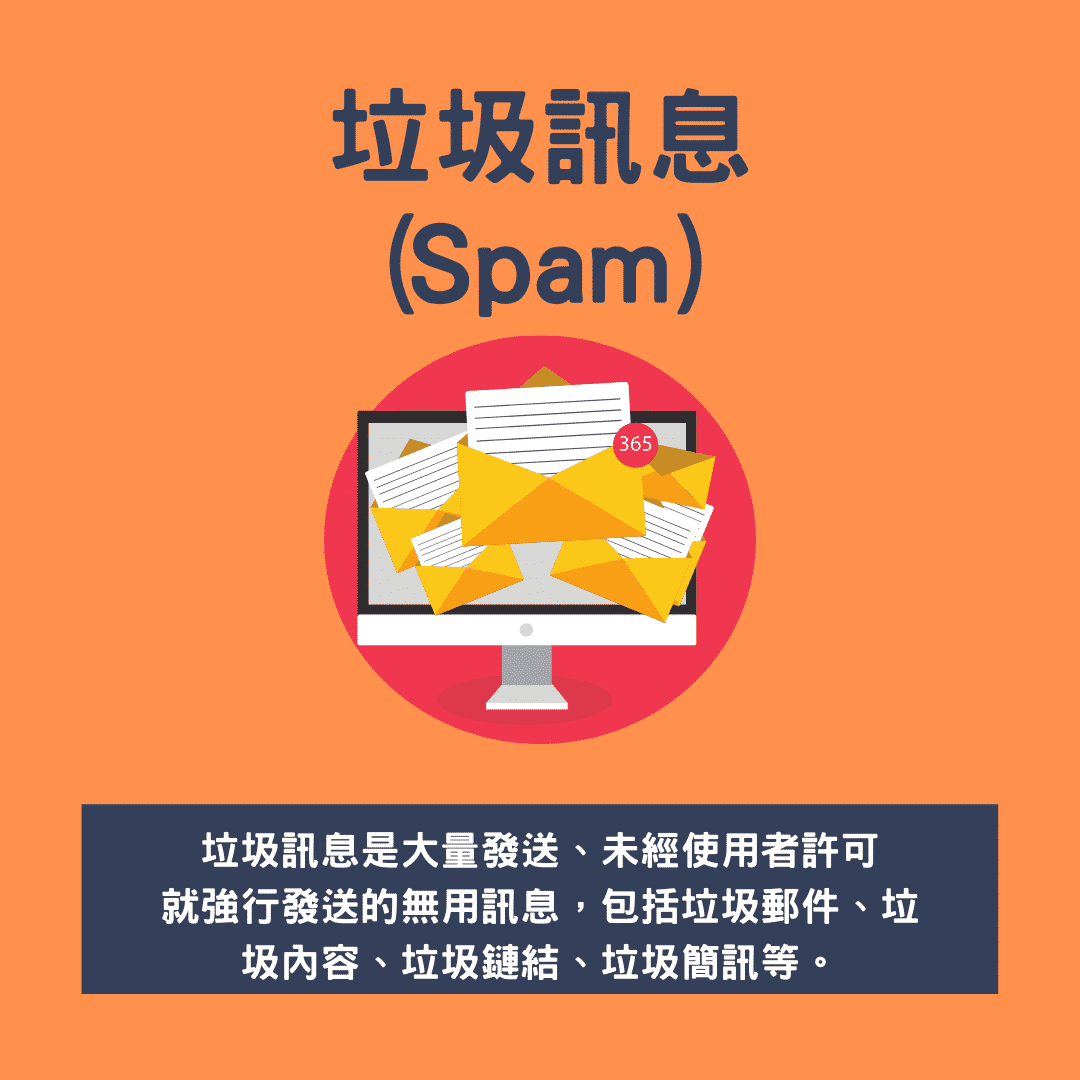 垃圾訊息（Spam）：垃圾訊息是大量發送、未經使用者許可就強行發送的無用的訊息，包括垃圾郵件、垃圾內容、垃圾鏈結、垃圾簡訊等。